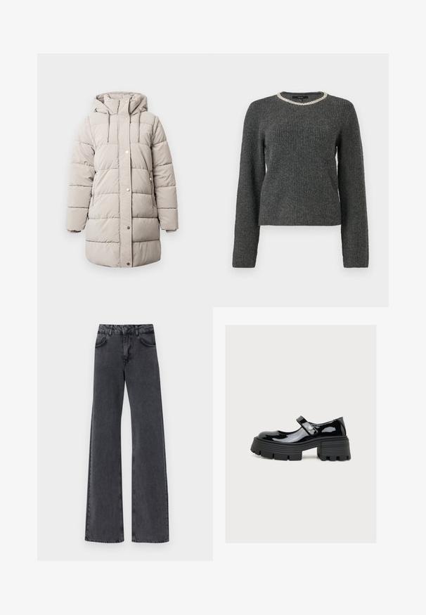 Beige gepolsterter Wintermantel mit Kapuze, Frontreißverschluss, zwei Seiten Taschen, Druckknopfverschlüsse und gestickte Paneele für Isolierung und Wärme.; Dunkelgrauer gerippter Pullover mit langen Ärmeln und Rundhalsausschnitt, verziert mit silbernen Kettendetails.; Schwarze Denim Schlagjeans mit hoher Taille, ausgestattet mit zwei Vorderaschen und dezenten Steppdetails entlang der Nähte.; Schwarzer Lackleder-Mary-Jane-Schuh mit grober Profilsohle und Blockabsatz, mit Riemen und rundem silbernem Knopfdetail.