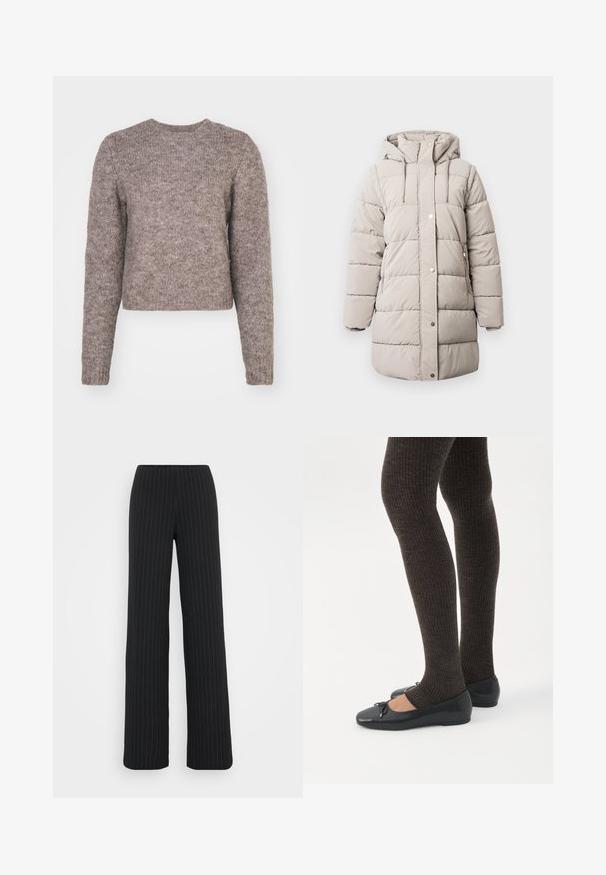 Manteau d'hiver beige rembourré avec capuche, fermeture éclair avant, deux poches latérales, fermetures à pression et panneaux cousus pour l'isolation et la chaleur.; Pull à manches longues de couleur marron clair, court, avec un col rond et un tissu tricoté texturé. Pas de motifs visibles ni de détails matériels.; Vero Moda Tall VMBERLIN MY WIDE - Pantalon classique - obsidian/oatmeal; Jambes portant des leggings côtelés foncés associés à des ballerines noires avec de petits détails en nœud sur fond blanc.