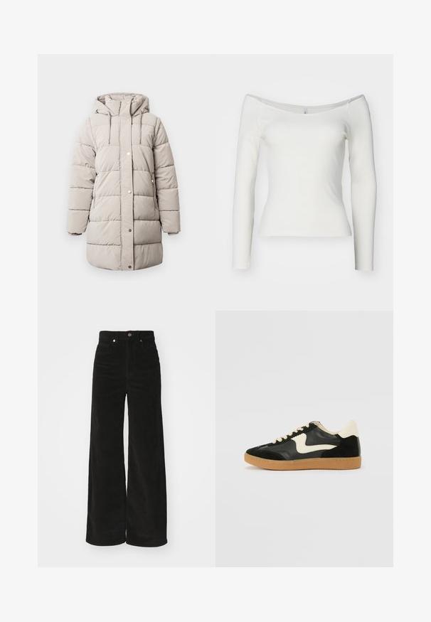 Manteau d'hiver beige rembourré avec capuche, fermeture éclair avant, deux poches latérales, fermetures à pression et panneaux cousus pour l'isolation et la chaleur.; Haut blanc à épaules dénudées, à manches longues, fabriqué en matériau côtelé. Design ajusté avec une texture lisse et un ourlet droit.; Pantalons en velours côtelé noir à jambes larges avec une taille haute, dotés de deux poches avant et d'une fermeture à bouton métallique. Tissu texturé avec des nervures verticales.; Baskets en daim et cuir noir avec un swoosh latéral crème et un talon crème clair. Dotées de lacets beige et d'une semelle en caoutchouc gomme.
