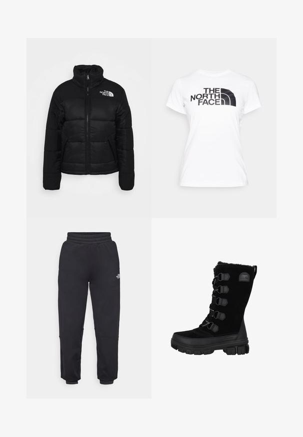 Sort pufferjakke lavet af quiltet stof, med høj krave, frontlynlås og lynlåslommer. Logo vist på venstre skulder.; Hvid bomulds T-shirt med sort grafisk print af "THE NORTH FACE" logoet foran. Korte ærmer og rund halsudskæring.; The North Face W MOUNTAIN ATHLETICS - Træningsbukser - black; Sorte vandtætte vinterstøvler med overdel i ruskind, pelskrave og gummisål. Har snørebåndsdesign med hexagonale snørehuller og logo-patch.