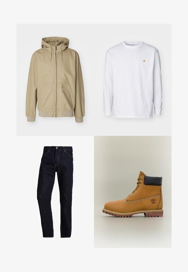 Beige hættetrøje lavet af bomuldsblanding, med fuld lynlås, snoretræk i hætten og forlommer. Glat tekstur med ribbede manchetter.; Hvid langærmet t-shirt lavet af bomuld. Har et lille gyldent logo på brystet og en rund halsudskæring. Enkel design og standard pasform.; Mørkeblå denim jeans med lige pasform, med gul syning, fem lommer og en klassisk knap- og lynlås lukning.; Brun læderankelstøvle med sort krave, gule snørebånd og tanfarvet sål. Har logo og hvide syninger som detalje. Robust ydersål med greb.
