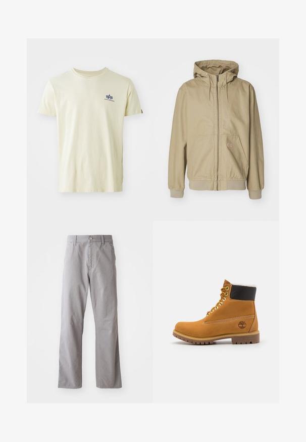 Beige gewatteerde jas gemaakt van een katoenmix, met een volledige rits, een capuchon met trekkoord en voorzakken. Zachte textuur met geribde mouwen.; Beige T-shirt met korte mouwen en ronde hals met klein blauw Alpha Industries-logo op de linkerborst, bovenaan.; Grijze katoenen broek met een recht ontwerp, voorzien van een knoopsluiting aan de voorkant en lussen voor een riem. Soepele textuur en minimale details.; Bruine leren enkellaars met metalen oogjes, witte faux bont voering, zwarte gewatteerde kraag, robuuste zool en een reliëflogo aan de zijkant.
