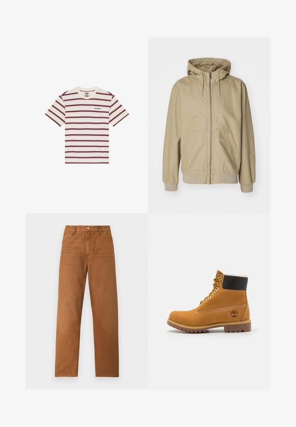 Beige hættetrøje lavet af bomuldsblanding, med fuld lynlås, snoretræk i hætten og forlommer. Glat tekstur med ribbede manchetter.; Kortærmet T-shirt med vandrette maroon- og cremefarvede striber, med "Dickies" logo broderet på venstre bryst.; Brune bukser med lige ben, bæltestropper, forlommer og knaplukning, vist på en ensartet lys baggrund.; Brune læder ankelstøvle med metaløjer, hvid pelsforing, sort polstret krave, robust sål og præget logo på siden.