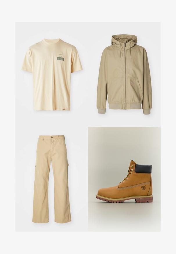 Chaqueta con capucha beige hecha de una mezcla de algodón, con cremallera completa, capucha con cordón y bolsillos frontales. Textura suave con puños de canalé.; Camiseta de algodón color crema con cuello redondo, mangas cortas y un estampado gráfico en el lado izquierdo del pecho que representa una televisión vintage.; Pantalones cargo de pierna ancha en color beige con cierre de botón, que cuentan con bolsillos laterales, fabricados en resistente tejido de algodón, con textura suave y diseño de corte recto.; Bota de tobillo de cuero marrón con cuello negro, cordones amarillos y suela beige. Presenta un logotipo y detalles de costura blanca. Suela exterior con tracción robusta.