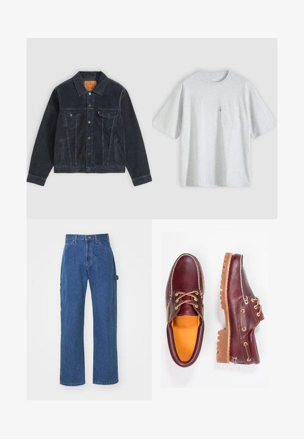 Μαύρο μπουφάν από κορντουρό Levi's με κούμπωμα με κουμπιά, δύο τσέπες στο στήθος, πλαϊνές τσέπες και διπλωμένο γιακά σε απλό φόντο.; Ανοιχτό γκρι κοντομάνικο t-shirt με στρογγυλή λαιμόκοψη και μια μικρή τσέπη στο στήθος στη αριστερή πλευρά με κόκκινη ετικέτα.; Μπλε τζιν παντελόνι σε χαλαρή εφαρμογή με ίσια γραμμή, διαθέτοντας μπροστινές και πίσω τσέπες και κούμπωμα με κουμπί στη μέση.; Μπορντώ δερμάτινα παπούτσια με καφέ ελαστικές σόλες, στρογγυλή μύτη, λευκή ραφή και χρυσές τρύπες κορδονιών. Η εσωτερική επένδυση διαθέτει κίτρινη φόδρα.