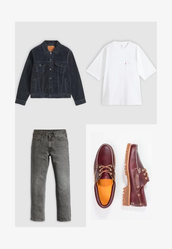 Μαύρο μπουφάν από κορντουρό Levi's με κούμπωμα με κουμπιά, δύο τσέπες στο στήθος, πλαϊνές τσέπες και διπλωμένο γιακά σε απλό φόντο.; Άσπρο βαμβακερό t-shirt με κοντά μανίκια, στρογγυλή λαιμόκοψη και τσέπη στο αριστερό στήθος. Διαθέτει μικρό κόκκινο λογότυπο στην τσέπη.; Γκρι τζιν παντελόνι από τζιν ύφασμα με ίσια γραμμή, διαθέτει πέντε τσέπες, χαλκινούς καρφίδες και εμφανείς ραφές. Κλασικός σχεδιασμός με φερμουάρ.; Μπορντώ δερμάτινα παπούτσια με καφέ ελαστικές σόλες, στρογγυλή μύτη, λευκή ραφή και χρυσές τρύπες κορδονιών. Η εσωτερική επένδυση διαθέτει κίτρινη φόδρα.