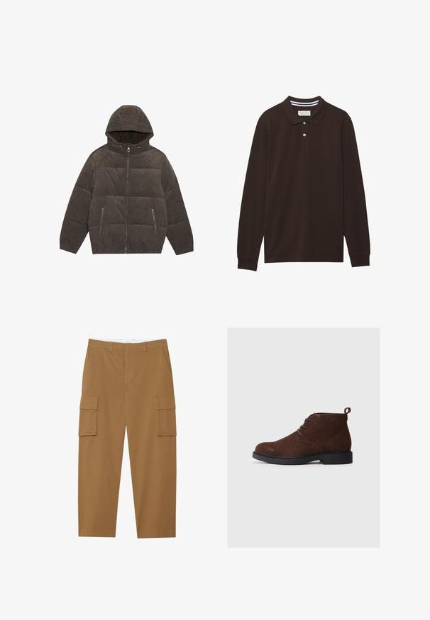 Veste rembourrée à capuche en velours côtelé gris foncé. Elle est dotée de fermetures éclair, de deux poches frontales et d'un design matelassé avec des poignets élastiques.; Polo à manches longues en coton marron foncé, doté d'un col, d'une patte de boutonnage à trois boutons et d'accents à rayures blanches. Texture lisse.; Pantalons cargo marron avec deux poches latérales, une taille plate et une coupe droite. Fabriqués en tissu durable avec une texture lisse.; Bottines en suède marron avec un bout arrondi, un design à lacets et un petit talon. Équipées d'une boucle à l'arrière pour un enfilage facile.