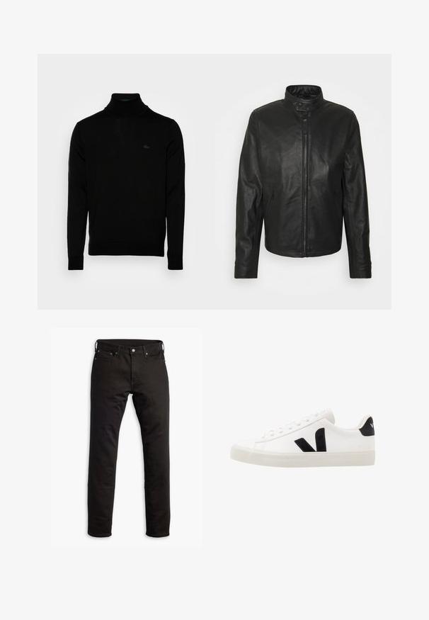 Schott Læderjakker - black; Sort turtleneck sweater, ribbet tekstur, lange ærmer, tætsiddende design, diskret Lacoste-logo på brystet, materialet er af mellemvægtigt strik.; Sorte denimjeans med et lige ben-design, forlommer og knaplukning. Stoffet har en glat tekstur og minimal detaljering.; Hvide lædersneakers med sorte ruskindsdetaljer; har en gummisål, rund tå og klassisk snørebåndsdesign. Side logo i sort.