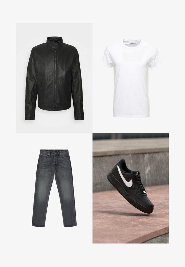 Schott Lederjacke - black; Weißes Baumwoll-T-Shirt mit kurzen Ärmeln, Rundhalsausschnitt und glatter Textur. Etikett am Ausschnitt sichtbar. Einfacher und klassischer Stil.; Graue Jeans aus Denim mit geradem Schnitt, fünf Taschen, Knopfverschluss und dezentem Verblassen. Verstärkte Nähte und Kupferakzente.; Schwarzer Nike Air Force 1 Sneaker mit weißem Swoosh-Logo, der über einer Steinformation schwebt, vor einem grauen strukturierten Hintergrund.