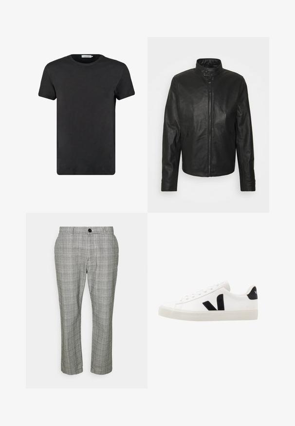 Schott Veste en cuir - black; T-shirt en coton noir avec un col rond et des manches courtes. Le tissu a une texture lisse et sans motifs ni accents. Coupe classique.; Pantalons à carreaux gris avec une coupe ajustée, dotés d'une fermeture à glissière, d'une fermeture à bouton et de poches latérales. Le tissu a une texture lisse.; Sneaker blanche en cuir avec des accents en daim noir ; dispose d'une semelle en caoutchouc, d'un bout rond et d'un design classique à lacets. Logo latéral en noir.