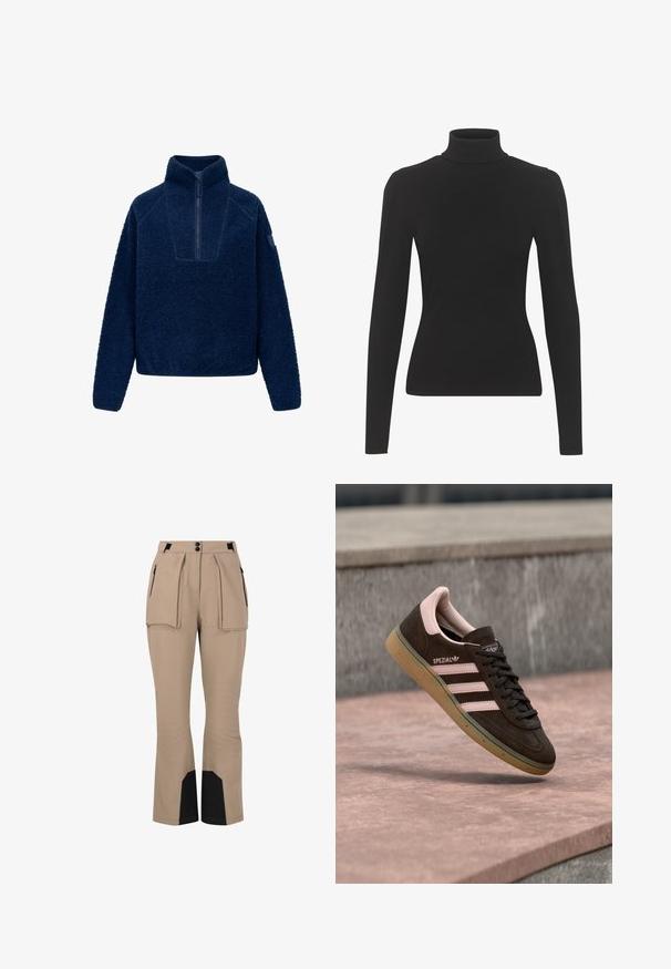 Marineblå sherpa fleece-pullover med kvart-lynlås, høj krave og lange ærmer, designet til varme og afslappet brug.; Sort turtleneck-top lavet af ribbet stof, med lange ærmer og en tætsiddende silhuet. Glat tekstur med diskret skulderdetalje.; Beige udendørsbukser med to frontlommer, plisseret design og sorte detaljer ved kanten. Lavet af holdbart, fleksibelt stof.; Mørkebrun ruskindsneaker med pink detaljer, der har tre pink striber, en tekstureret sål og en logo på siden. Klassisk lavprofil-design.