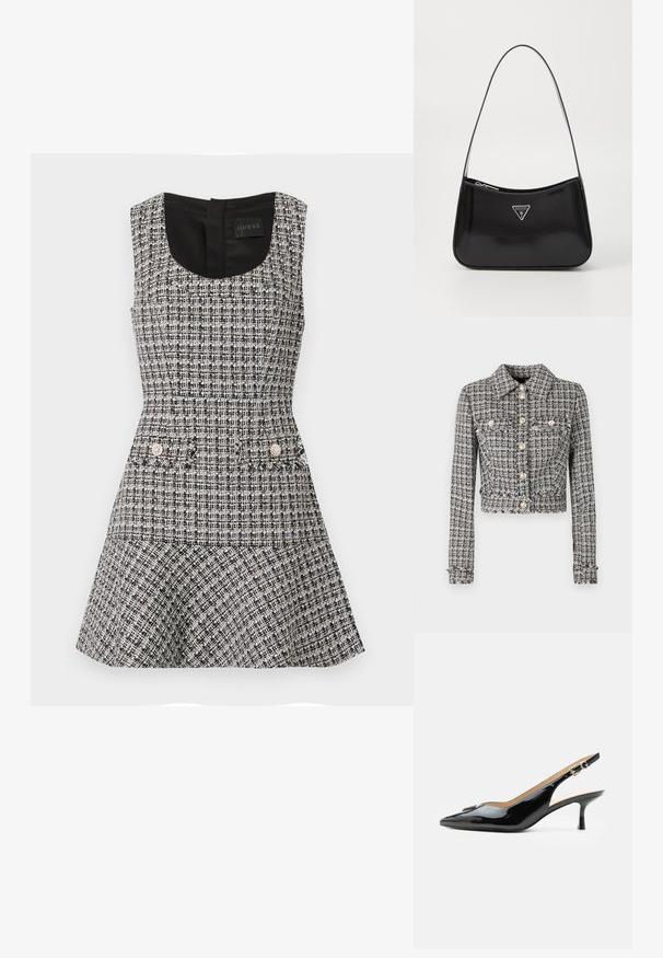 Chaqueta de tweed en blanco y negro con un diseño corto, que presenta un cuello, cinco botones y dos bolsillos en el pecho con acentos decorativos.; Vestido sin mangas en tweed blanco y negro con corsé ajustado, falda acampanada y dos bolsillos frontales adornados con embellishments redondos.; Tacón slingback de charol negro con puntera puntiaguda, tacón pequeño tipo kitten y correa con hebilla plateada sobre un fondo blanco liso.; Bolso de hombro de charol negro con forma curva, que presenta un logotipo triangular plateado y un cierre de cremallera. Textura suave y correa delgada.