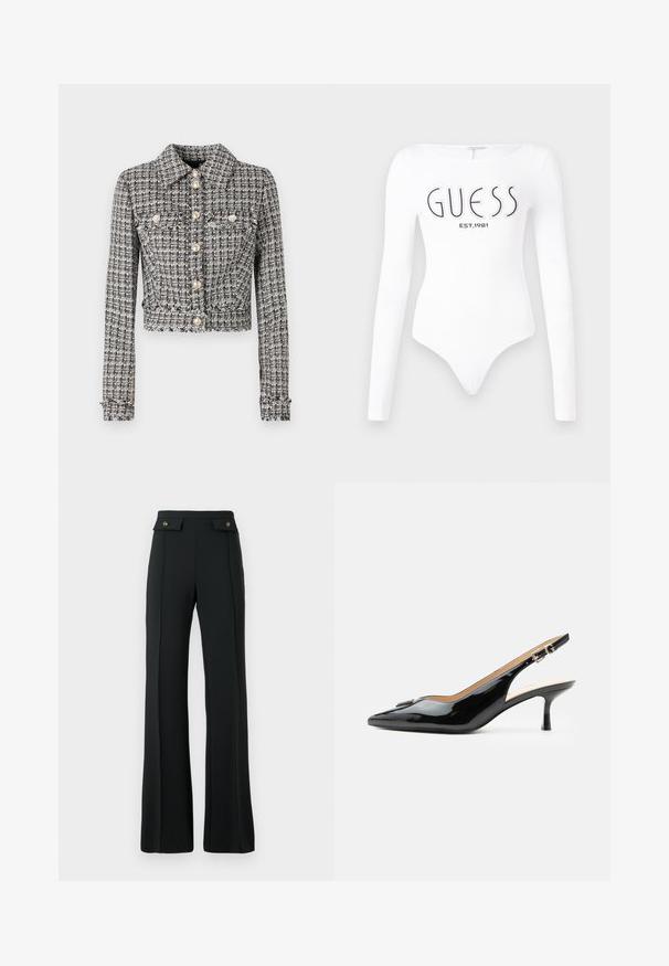 Sort og hvid tweedjakke med en cropped design, der har krave, fem knapper og to brystlommer med dekorative detaljer.; Hvid langærmet bodystocking med rund halsudskæring. Har "GUESS" logo og "EST.1981" trykt i sort på forsiden. Glat tekstur.; Højtaljede sorte flared bukser med detaljerede sømme foran og to klaplommer med guldknapper ved taljen.; Sort patentlæder slingback hæl med spids tå, lille kitten hæl og sølvspænde på en ensartet hvid baggrund.