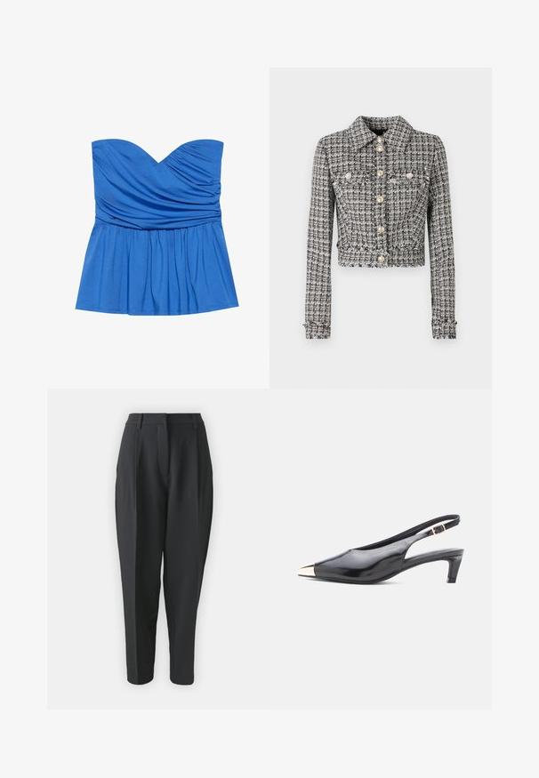 Sort og hvid tweedjakke med en cropped design, der har krave, fem knapper og to brystlommer med dekorative detaljer.; Blå strampefri peplum top lavet af glat stof, med en sweetheart-udskæring og samlet detaljering ved brystet og taljen.; Sorte skræddersyede bukser med høj talje, plisseringer og indsnævret ben. Glat stof uden synlige mønstre eller udsmykninger.; Sorte patenteret læder slingback hæl med spids tå, metalisk guld cap detalje og en mellemhøj blokhæl. Justerbar ankelrem inkluderet.