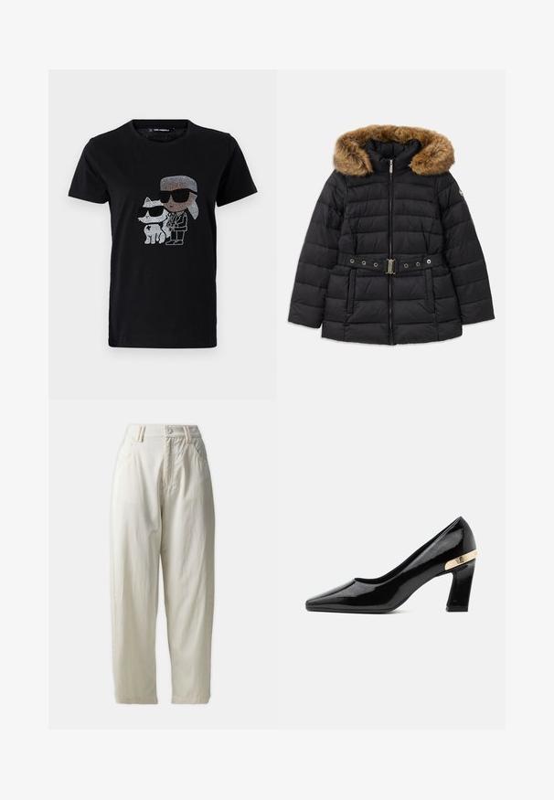 Schwarze Daunenjacke mit einer Kapuze aus Kunstfell, Reißverschluss und einem dekorativen Gürtel mit Metallbeschlägen. Ge quiltetes Muster.; Schwarzes Baumwoll-T-Shirt mit einem Strassmotiv von einer Person und einer weißen Katze, die beide eine Sonnenbrille tragen. Runder Ausschnitt und kurze Ärmel.; Helle beige, hoch taillierte Hose in lockerer Passform. Hergestellt aus glattem Baumwollstoff mit zwei vorderen Taschen und einem einzigen Knopfverschluss.; Schwarzer Lackleder-Pumps mit spitzer Schuhspitze, Blockabsatz und goldenem Metall-Akzent an der Rückseite.