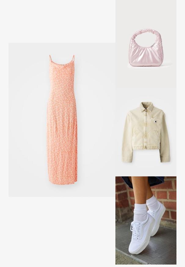 Veste courte beige en tissu doux, dotée d'une fermeture éclair frontale, d'un col, de deux poches latérales et d'un petit logo cousu sur la poitrine.; Robe maxi en doux mélange de coton, de couleur orange clair avec un motif floral blanc, à fines bretelles et à la silhouette ajustée.; Baskets en toile blanches avec semelles en caoutchouc, dotées de six œillets, d'un bout rond et de détails de couture légers, portées avec des chaussettes blanches mi-mollet.; Sac à main rose rembourré avec un design arrondi, fabriqué à partir d'un matériau brillant. Dispose d'une poignée froncée et d'une fermeture éclair pour un accès sécurisé.