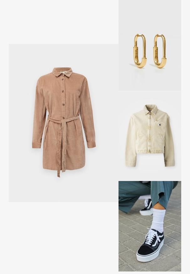 Chaqueta corta beige hecha de tela suave, con cremallera delantera, cuello, dos bolsillos laterales y un pequeño parche con logo en el pecho.; Vestido camisero de pana de color marrón claro con mangas largas, cuello y un cinturón de tela a juego atado en la cintura.; Zapatillas de ante negro con acentos y cordones blancos, que cuentan con una gruesa suela blanca y costuras en contraste, combinadas con un calcetín blanco.; Pendientes de aro de metal dorado con una forma ovalada alargada, que presentan una superficie lisa y pulida, y una pequeña bisagra para el enganche.
