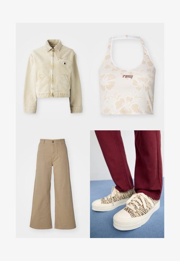 Chaqueta corta beige hecha de tela suave, con cremallera delantera, cuello, dos bolsillos laterales y un pequeño parche con logo en el pecho.; Top crop blanco con estampado floral, adornado con flores de hibisco beige y un logo bordado "Roxy" en color burdeos. Presenta un diseño de cuello halter.; Pantalones de pierna ancha color caqui, fabricados en algodón, con cierre de botón frontal, lazos para cinturón y una textura suave y mate en toda su superficie.; Zapatillas de lona con patrón de cebra en beige y negro, puntera de goma blanca y cordones, combinadas con pantalones burdeos sobre una superficie azul.