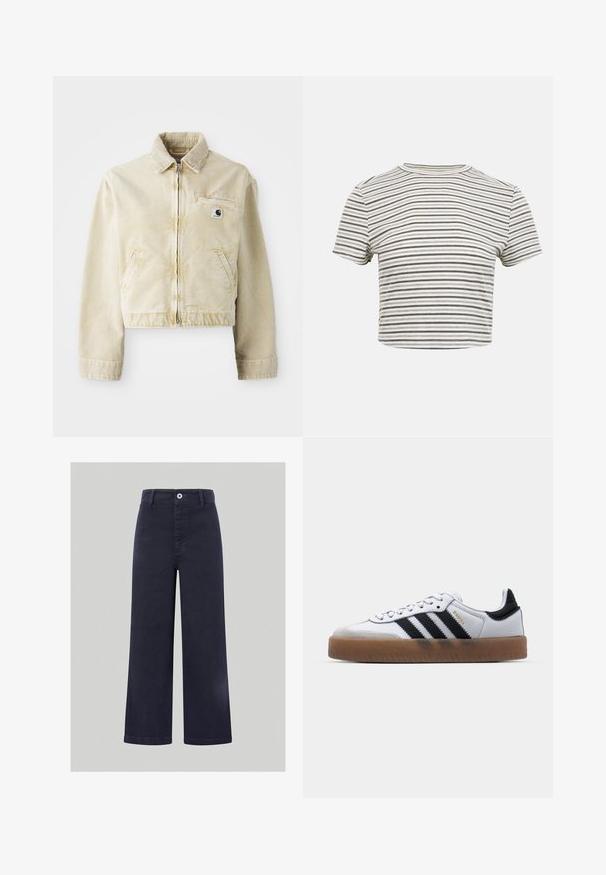 Beige lühike jakk, mis on valmistatud pehmest kangast, millel on ees tõmblukk, krae, kaks küljetaskut ja väike logo silti rinnal.; Lühikeste varrukatega lühike T-särk, millel on kitsad mustvalged horisontaalsed triibud ja ümmargune kaelus, üksluisel taustal.; Siledest mõõtu tumesinised püksid, mis on valmistatud siledast puuvillasegusest materjalist, eespoolnööbiga kinnitusega ning õmmeldud detailidega vöökoha ja taskute äärtes.; Valged nahast tossud mustade triipudega, kummist välistald, ümmargune nina, seotud sulgemine ja pehme hall suede ninaosa.