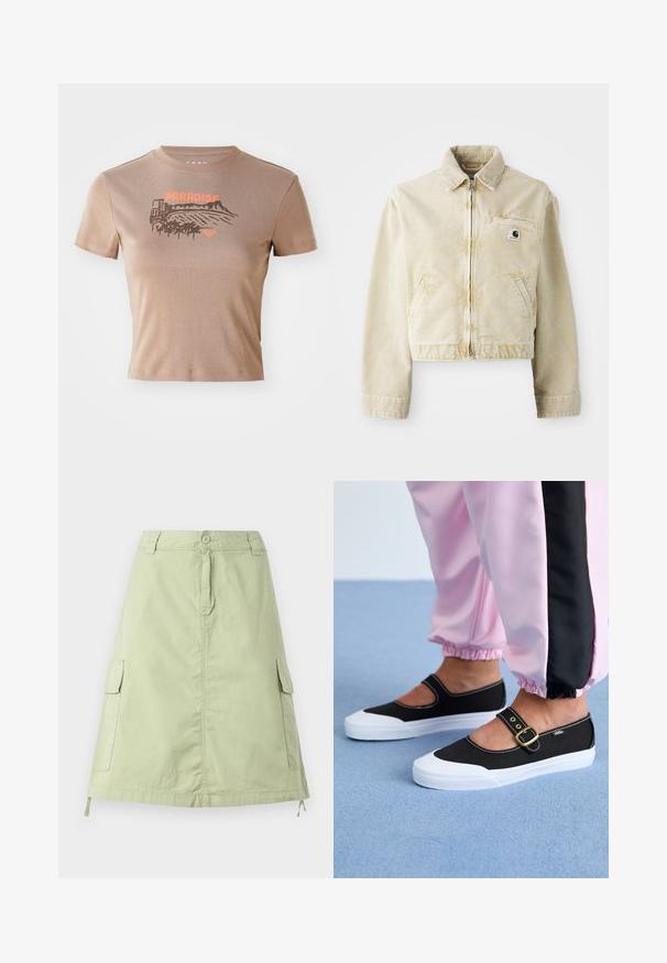 Beige taillierte Jacke aus weichem Stoff mit einem Frontreißverschluss, Kragen, zwei Seitentaschen und einem kleinen Logopatch auf der Brust.; Braunes Baumwoll-T-Shirt, kurze Ärmel, Rundhals. Auf der Vorderseite ist ein "PARADISE"-Grafik in Orange mit Landschafts- und Palmen-Design.; Hellgrüner Baumwollrock in knielanger Länge mit zwei seitlichen Cargo-Taschen, einer Knopfverschluss und einer entspannten, geraden Passform. Einfache Textur.; Schwarze Leinenschuhe mit einer weißen Sohle, die ein Ausschnittdesign und einen goldenen Schnallenriegel aufweisen. Getragen mit rosa Sporthosen.