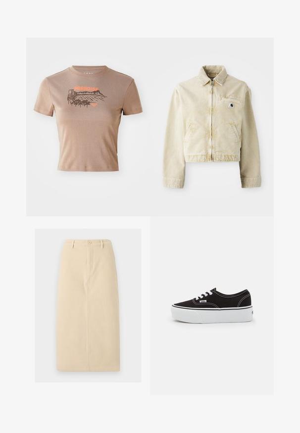 Beige taillierte Jacke aus weichem Stoff mit einem Frontreißverschluss, Kragen, zwei Seitentaschen und einem kleinen Logopatch auf der Brust.; Braunes Baumwoll-T-Shirt, kurze Ärmel, Rundhals. Auf der Vorderseite ist ein "PARADISE"-Grafik in Orange mit Landschafts- und Palmen-Design.; Beige, knielanger Rock aus einem robusten Stoff, mit einer Knopfverschluss vorne und dezenten vertikalen Nahtdetails.; Schwarze Leinensneaker mit einer weißen Gummiplattformsohle, weißen Schnürsenkeln und Nähten, ikonischer Markenaufdruck an der Seite, im Low-Top-Design.