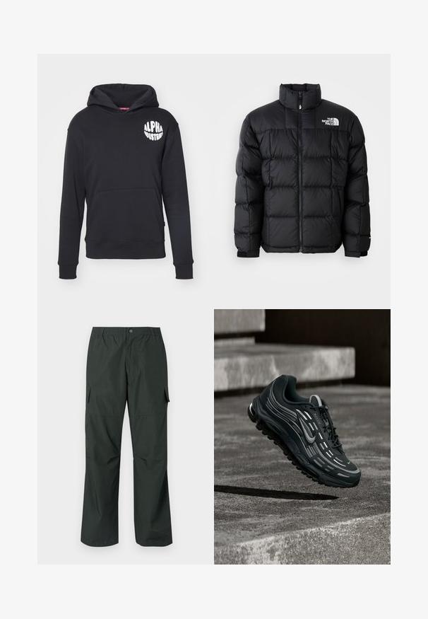 Sort dunjakke med høj krave, vandret syninger og lynlås-lukning. Har logo på den øverste venstre side og velcro-manchetter.; Sort hættebluse lavet af en bomuldsblanding. Har en front-kangaroo lomme, logo i hvidt på venstre bryst og ribbede ærmer og kant.; Mørkegrøn cargo bukser med en afslappet pasform, elastisk talje, sydde lommer og en glat, let stofstruktur.; Sort og grå Nike Air Max sneaker, der flyder over grå betontrin med tekstureret jordbaggrund.