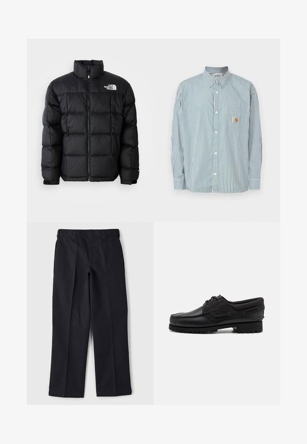 Doudoune noire avec un col montant, des coutures horizontales et une fermeture éclair. Présente un logo sur le côté supérieur gauche et des poignets en velcro.; Chemise rayée vert et blanc, dotée d'un col boutonné, de manches longues, d'une poche avant et d'une petite étiquette logo.; Pantalon noir en tissu durable, présentant une coupe droite, une taille avec passants de ceinture et sans poches ni embellissements visibles.; Chaussure noire avec un dessus en cuir, des accents textiles, des lacets ronds et une semelle en caoutchouc texturé. Présente des coutures mocassins et des détails de marque.