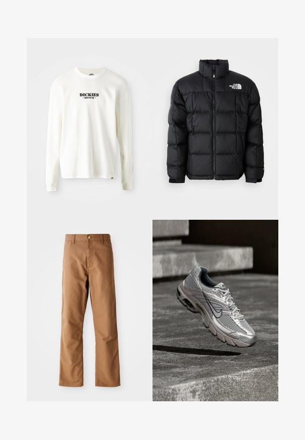 Zwarte pufferjas met een hoge kraag, horizontale stiksels en ritssluiting. Heeft een logo aan de bovenlinkerkant en klittenbandsluitingen bij de mouwen.; Witte lange mouw geribbelde sweatshirt met een zwart logo "DICKIES" en "SINCE '22" eronder, ronde hals en manchetten.; Bruine rechte broek met riemlussen, voorkant zakken, knoopsluiting en rits op een witte achtergrond.; Zilveren en grijze Nike hardloopschoen zwevend in de lucht boven betonnen traptreden, met zichtbare mesh bovenkant en gedempte zool details.