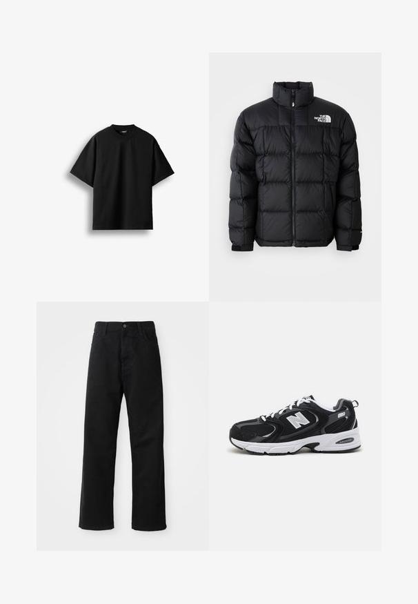 Sort dunjakke med høj krave, vandret syninger og lynlås-lukning. Har logo på den øverste venstre side og velcro-manchetter.; Sort T-shirt med korte ærmer og rund hals, lagt fladt mod en hvid baggrund med en synlig lille nakkemærke.; Sorte denimbukser med lige snit, der har frontlommer, lynlås og en enkelt knap i toppen. Struktureret stof med en mat finish.; Sorte og grå sportssko med mesh og ruskind på overdelen, der har en hvid mellemsål, snørebånd og et iøjnefaldende "N" logo på siden.