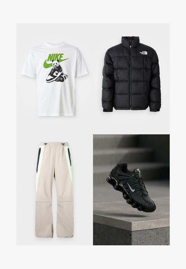 Schwarze Pufferjacke mit hohem Kragen, horizontalen Nähten und Reißverschluss. Verfügt über ein Logo auf der oberen linken Seite und Klettverschlüsse an den Ärmeln.; Weißes Baumwoll-T-Shirt mit einem schwarz-weißen Panda-Graphic, der einen Nike-Sneaker hält, mit einem grünen Nike-Logo darüber.; Beige Hose mit hellgrünen Seitenteilen, schwarzen Reißverschlusstaschen am Oberschenkel und elastischem Bund mit schwarzen Kordeln.; Schwarzer und dunkelgrauer Nike-Laufschuh mit weißem Swoosh-Logo, der über einer Betonkante schwebt, im Hintergrund Treppen.