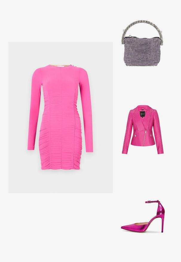 Chaqueta de imitación de cuero rosa con solapa afilada, cierre con cremallera en la parte delantera y detalles de tachuelas plateadas a lo largo de los hombros y las mangas. Presenta un diseño ajustado.; Vestido ajustado de manga larga en un vibrante color rosa. Presenta textura fruncida, escote redondo y detalles laterales con un pequeño acento metálico.; Zapato de tacón alto metálico rosa con punta afilada, correa en el tobillo y superficie texturizada. Presenta un tacón stiletto delgado y un interior suave.; Pequeño bolso de noche rectangular cubierto de pedrería morada con un asa adornada con pedrería plateada y cierre de cremallera negra.