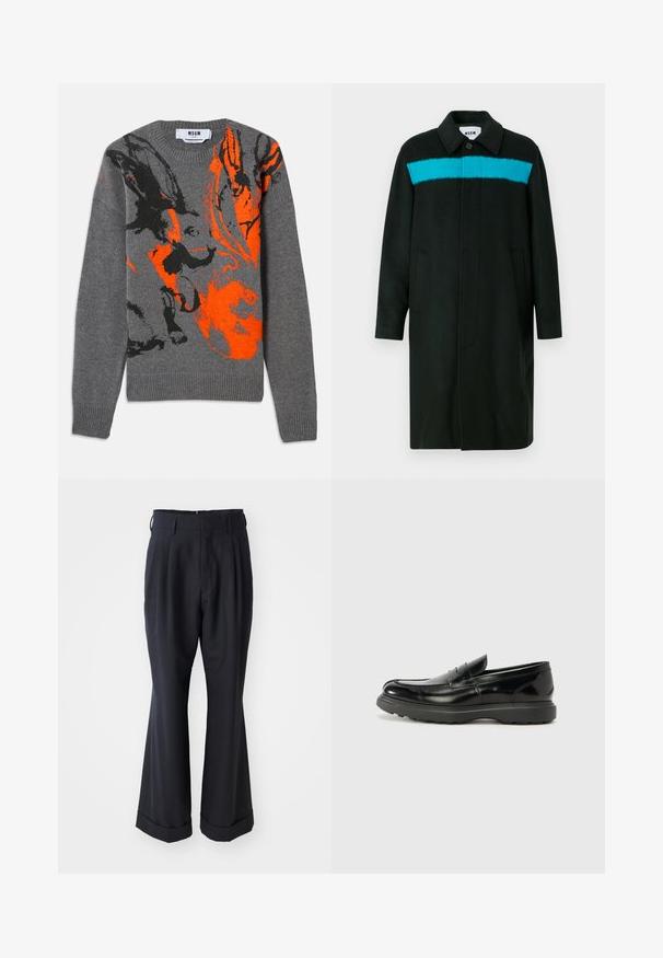 Sort lang frakke med en enkelt knap øverst og en vandret lys blå stribe hen over brystet og ærmerne, to sidelommer og en krave.; Grå strikket sweater med et kontrasterende orange og sort abstrakt design. Rund hals og ribbede manchetter og kant. Blød tekstur.; Sorte skræddersyede bukser med en afslappet pasform, plisseret forside og vide ben. Har en opsmøg i bunden og en glat stofstruktur.; Sort læderloafer med en blank finish, rund tå, subtile syninger og en tyk gummisål for holdbarhed.