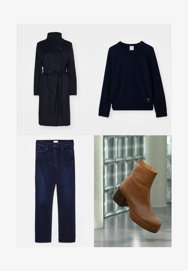 Marineblå uldfrakke med høj krave, lange ærmer og matchende bælte. Har en enkelt knaplukning og glat tekstur.; Marineblå langærmet crewneck sweater med ribbet manchetter og kant, prydet med en lille flerfarvet stribet applikation nær bunden.; Mørkeblå denimjeans med slim fit, fem-lomme design, stikninger og lige benudskæring. Har en knap- og lynlås lukning.; Brun læderankelstøvle med blokhæl, svævende indendørs nær glasblokvæg og cylindrisk søjle på poleret gulv.
