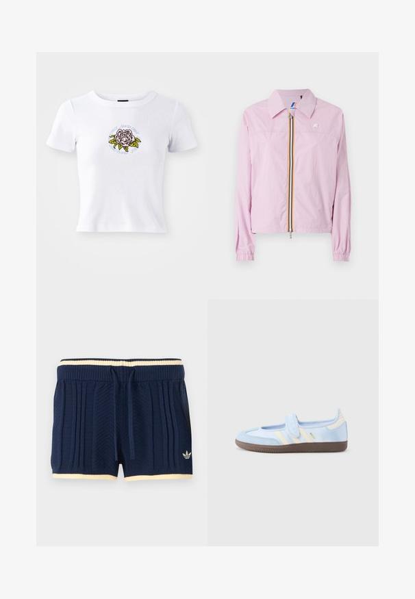 Let rosa let jakke med krave, frontlynlås med gule og blå striber, elastiske manchetter og et lille logo på brystet.; Hvid kortærmet t-shirt med tætsiddende design, som har et centreret broderet rosen grafisk motiv og cirkulær tekst omkring blomsten.; Marineblå strikkede shorts med ribbet tekstur, cremet kant ved taljebånd og kant, snøre foran og Adidas-logo på venstre ben.; Lyseblå sportssko med velcrolukning, cremefarvede striber på siderne, blødt stofoverdel, tekstureret brun gummisål.