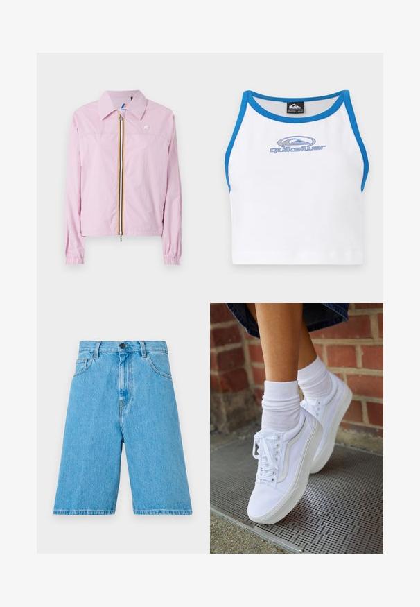 Rosa leichte Jacke mit Kragen, frontalem Reißverschluss, der gelbe und blaue Streifen aufweist, elastische Bündchen und ein kleines Logo auf der Brust.; Weißes Crop-Top mit blauen Akzenten und einem runden Halsausschnitt. Auf der Vorderseite befindet sich ein blauer Quiksilver-Logo. Hergestellt aus einem glatten, leichten Material.; Hellblaue Jeansshorts mit lockerer Passform, ausgestattet mit Gürtelschlaufen, einem Knopfverschluss und vorderen Taschen. Der Stoff hat eine glatte Textur.; Weiße Leinensneaker mit Gummisohlen, ausgestattet mit sechs Ösen, runder Zehenpartie und dezenten Nähten, kombiniert mit weißen Knöchelsocken.