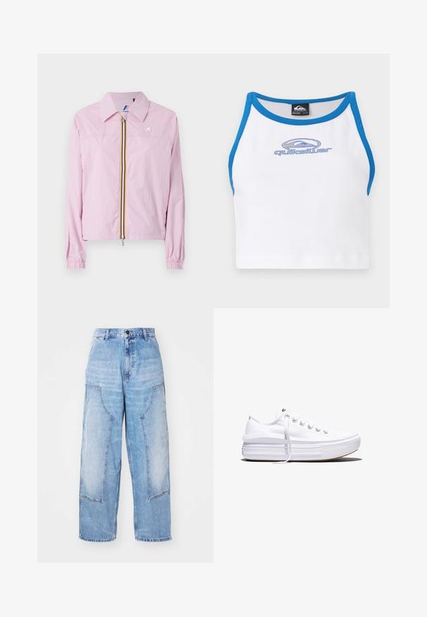Let rosa let jakke med krave, frontlynlås med gule og blå striber, elastiske manchetter og et lille logo på brystet.; Hvid crop top med blå kant og rund halsudskæring. Features et blåt Quiksilver-logo på forsiden. Fremstillet af et glat, let materiale.; Lysblå denim bredbenede bukser med to store forlommer, en knaplukning og subtil falming. Syninger på lommedetaljerne.; Hvid lavt snørestøvle med tyk plateau-sål, snørelukning foran og gummiforstærket tåkap, set i sideprofil.