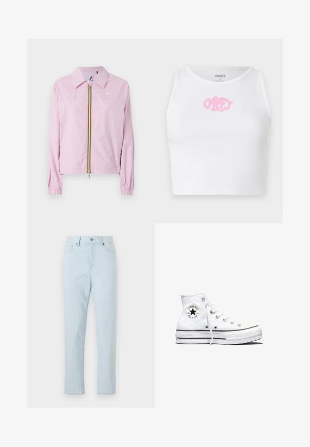 Veste légère rose avec col, fermeture éclair sur le devant, ornée de rayures jaunes et bleues, poignets élastiques et un petit logo sur la poitrine.; Crop top blanc à côtes avec un logo "OBEY" rose au centre. Conçu avec un col rond et sans manches.; Jean droit taille haute bleu clair avec poches avant, passants de ceinture, fermeture à bouton et couture visible le long des jambes.; Baskets montantes blanches Converse Chuck Taylor All Star avec patch logo noir et lacets blancs, présentées sur fond blanc.