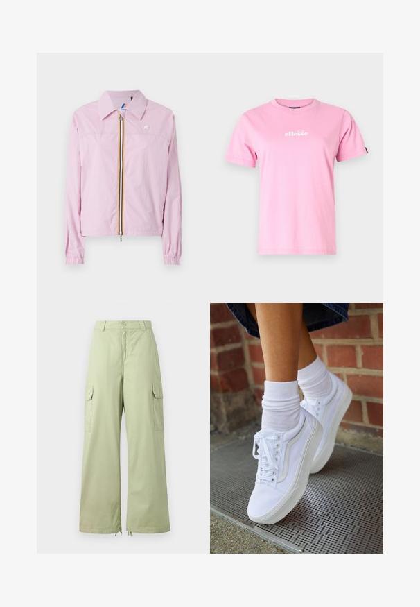 Chaqueta ligera rosa con cuello, cierre frontal y rayas amarillas y azules, puños elásticos y un pequeño logo en el pecho.; Camiseta de algodón rosa con cuello redondo, mangas cortas y un logo blanco estampado en la parte delantera. Textura suave, ajuste casual.; Pantalones cargo verde claro con piernas anchas, hechos de algodón. Cuenta con dos bolsillos laterales y un cierre de botón. Textura suave y diseño casual.; Zapatillas de lona blancas con suelas de goma, que presentan seis ojales, puntera redonda y detalles de costura ligera, combinadas con calcetines blancos hasta el tobillo.