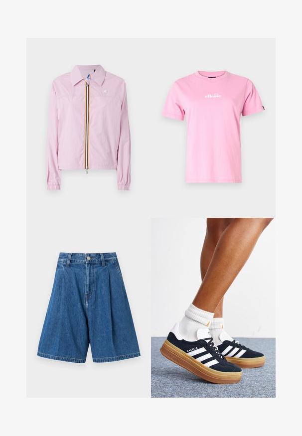 Rosa leichte Jacke mit Kragen, frontalem Reißverschluss, der gelbe und blaue Streifen aufweist, elastische Bündchen und ein kleines Logo auf der Brust.; Rosa Baumwoll-T-Shirt mit Rundhalsausschnitt, kurzen Ärmeln und einem weißen Logo auf der Vorderseite. Sanfte Textur, lässige Passform.; Blaue Denim-Bermudashorts mit einem gefalteten Bund, ausgestattet mit einem normalen Taillenbund und einem Knopfverschluss. Glatte Textur und gerade geschnittene Beine.; Beine mit weißen Socken und schwarzen Adidas Gazelle Sneakers mit weißen Streifen und dicken braunen Sohlen auf einem grauen Teppichboden.
