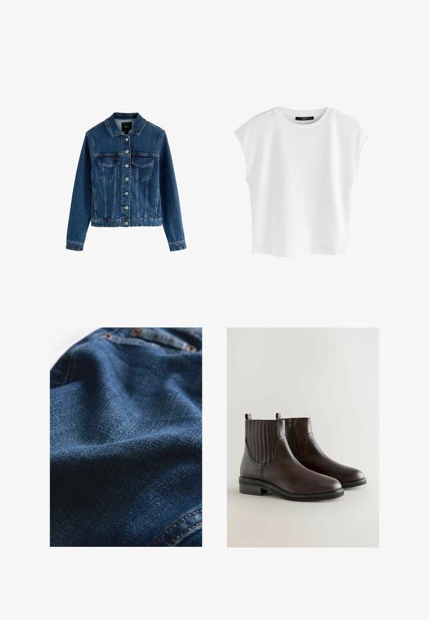 Donkerblauwe denimjas met een kraag, knoopsluiting, twee borstzakken en lichte slijtage. Heeft lange mouwen en een cropped pasvorm.; Wit kort mouw, cropped T-shirt gemaakt van zacht katoen, met een ronde halslijn en een losse pasvorm, zonder zichtbare patronen of accenten.; Denimstof in donkerblauw, met een gladde textuur en subtiele geweven variaties, en contrasterende stikseldetails.; Bruine leren enkellaarsjes met een ribbel-elastische inzet, zijrits en een lage blokhak voor stabiliteit. Gladde textuur en minimalistisch design.