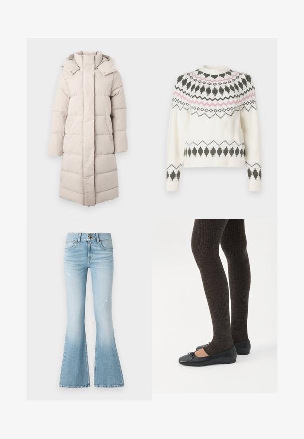 Puffjakke i lys beige med høj krave, vandret syninger, påsyede lommer og en lang, lige silhuet. Blød, glat tekstur.; Hvid strikket sweater med sorte og pink geometriske mønstre over brystet, ærmerne og kanten, med rund halsudskæring og ribbede manchetter.; Lyseblå denim flared jeans med høj talje, der har diskrete slidninger, to-knaps lukning og et klassisk fem-lomme design.; Ben iført mørke ribbede leggings kombineret med sorte balletsko med små sløjfedetaljer på hvid baggrund.