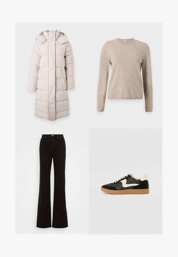 Puffermantel in hellbeige mit hohem Kragen, horizontaler Steppung, aufgesetzten Taschen und einer langen, geraden Silhouette. Weiche, glatte Textur.; Beiger gestrickter Pullover mit langen Ärmeln, rundem Ausschnitt und gerippten Bündchen. Weiche Textur mit dezent meliertem Muster.; Hoch taillierte schwarze Schlagjeans aus Denim, mit Knopfverschluss, seitlichen Taschen und glatter Textur.; Schwarze Wildleder- und Leder-Sneaker mit einem cremefarbenen Seiten-Swoosh und einer hellcremefarbenen Ferse. Ausgestattet mit beige Schnürsenkeln und einer Gummilaufsohle.