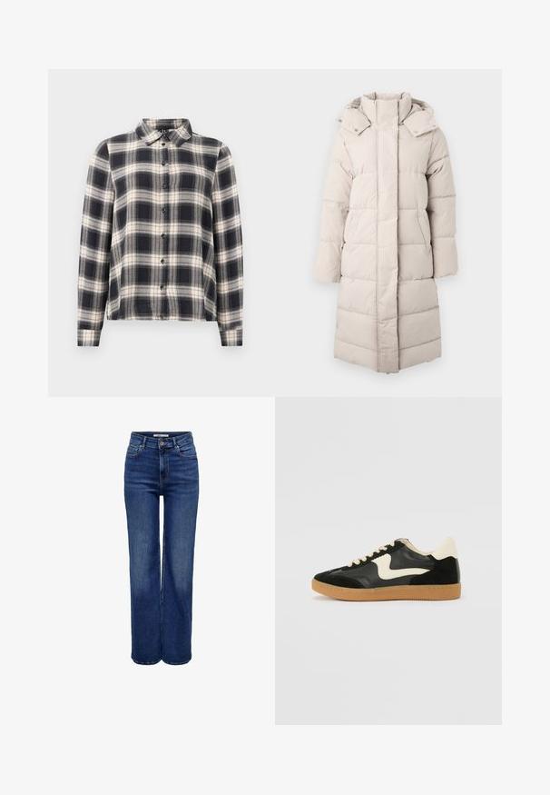 Puffjakke i lys beige med høj krave, vandret syninger, påsyede lommer og en lang, lige silhuet. Blød, glat tekstur.; Langærmet ternet skjorte i navy, hvid og beige. Har standard krave, knaplukning fortil og blødt stof med ternet mønster.; Jeans med høj talje og vide ben i mørkeblå denim, med knaplukning, fem lommer og kontrastsyninger.; Sorte ruskinds- og lædersneakers med en cremefarvet side-swoosh og lys cremefarvet hæl. Har beige snørebånd og en gummirubber-sål.