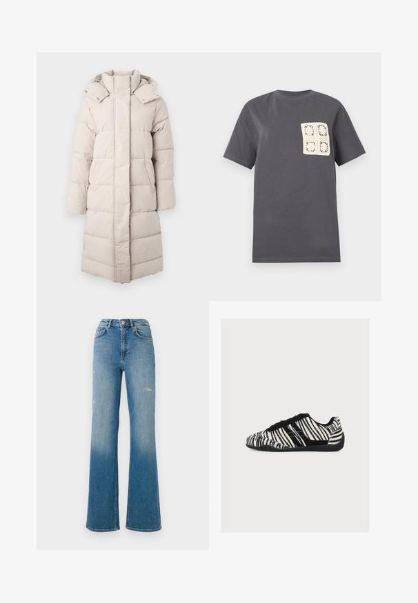 Pufferjas in lichtbeige met een hoge kraag, horizontale stiksels, opgestikte zakken en een lange, rechte silhoeët. Zachte, gladde textuur.; Donkergrijs T-shirt met korte mouwen en een vierkante, crèmekleurige haaknaadpatch met vier kleinere bloemmotieven op de linkerborst.; Hoge taille blauwe denim jeans met lichte slijtage op de dijen, vijf zakken stijl, en een uitlopend pasvorm.; Low-profile sneaker met zwart-witte zebrastripes, zwarte veters en een getextureerde zwarte zool, gezien vanaf de zijkant op een witte achtergrond.