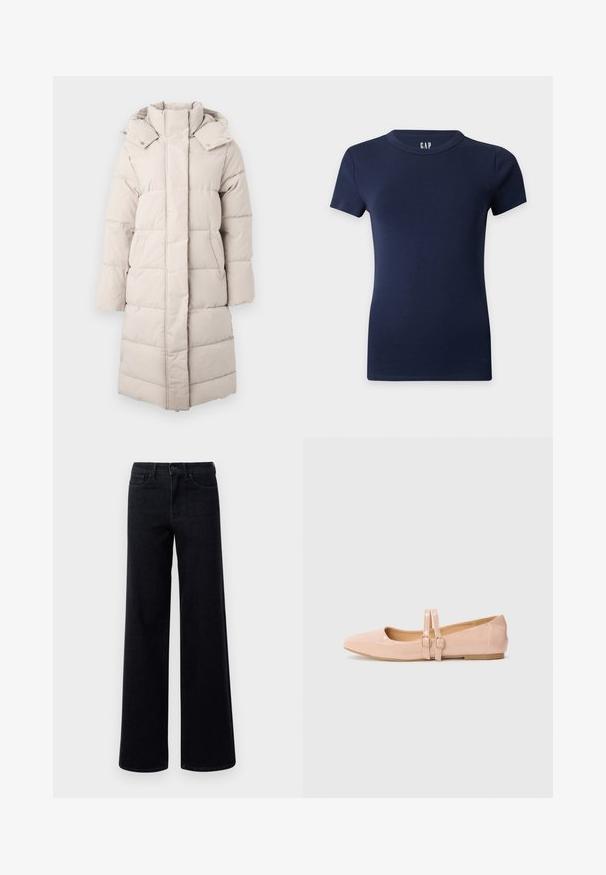Puffjakke i lys beige med høj krave, vandret syninger, påsyede lommer og en lang, lige silhuet. Blød, glat tekstur.; Marineblå tætsiddende T-shirt med korte ærmer og rund halsudskæring på en ensfarvet lys baggrund.; Bredde ben sorte denim jeans med høj talje, der har standardlommer og knaplukning. Glat tekstur med en let stræk.; Sart rosa patentlæder balletflade med spids tå, der har to justerbare remme og en lav, flad gummisål.