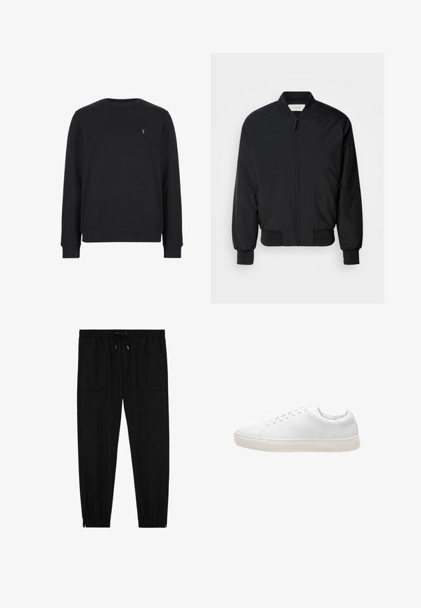 Sort bomberjakke lavet af glat stof, med en frontlynlås, ribbede manchetter og en klassisk krave. Minimalistisk design uden mønstre.; Sort sweatshirt lavet af bomuldsblanding, med rund halsudskæring, lange ærmer og et lille broderet logo på brystet.; Sorte joggingbukser med elastik i taljen, snøre, forlommer med lapper og elastiske manchetter på hvid baggrund.; Hvide lædersneakers med en glat overflade, rund tå, snørebåndslukning og flad gummisål. Minimalistisk design uden synlige mønstre.