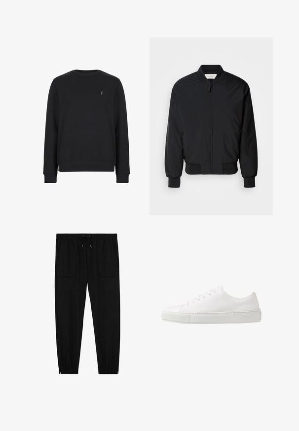 Sort bomberjakke lavet af glat stof, med en frontlynlås, ribbede manchetter og en klassisk krave. Minimalistisk design uden mønstre.; Sort sweatshirt lavet af bomuldsblanding, med rund halsudskæring, lange ærmer og et lille broderet logo på brystet.; Sorte joggingbukser med elastik i taljen, snøre, forlommer med lapper og elastiske manchetter på hvid baggrund.; Hvide lædersneakers med en glat finish, rund tå og seks øjer til snørebånd. Har en tekstureret gummisål og et minimalisk design.