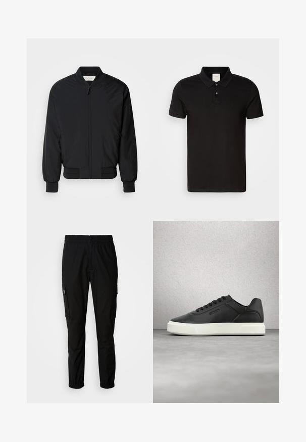 Sort bomberjakke lavet af glat stof, med en frontlynlås, ribbede manchetter og en klassisk krave. Minimalistisk design uden mønstre.; Sort polo skjorte lavet af glat stof med krave i klassisk stil. Har to knapper ved halsen, korte ærmer og et diskret logo på brystet.; Sorte cargo bukser lavet af stof, med elastisk talje, knaplukning og flere sidelommer med klapper.; Sorte lædersneakers med hvid gummisål, rundet tå og flade snørebånd. Teksturdetaljer på siderne, minimalistisk design.