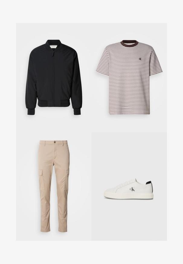 Sort bomberjakke lavet af glat stof, med en frontlynlås, ribbede manchetter og en klassisk krave. Minimalistisk design uden mønstre.; Stripet kortærmet t-shirt med brune og cremefarvede vandrette striber, rund halsudskæring med brune detaljer og lille broderet logo på brystet.; Beige cargo bukser med to sidelommer, slim fit, lavet af letvægtsstof, med en frontknaplukning og bæltesløjfer.; Hvide lædersneakers med rund tå, flad gummisål og sort hælaccent. Har et fremtrædende sort Calvin Klein-logo på siden.
