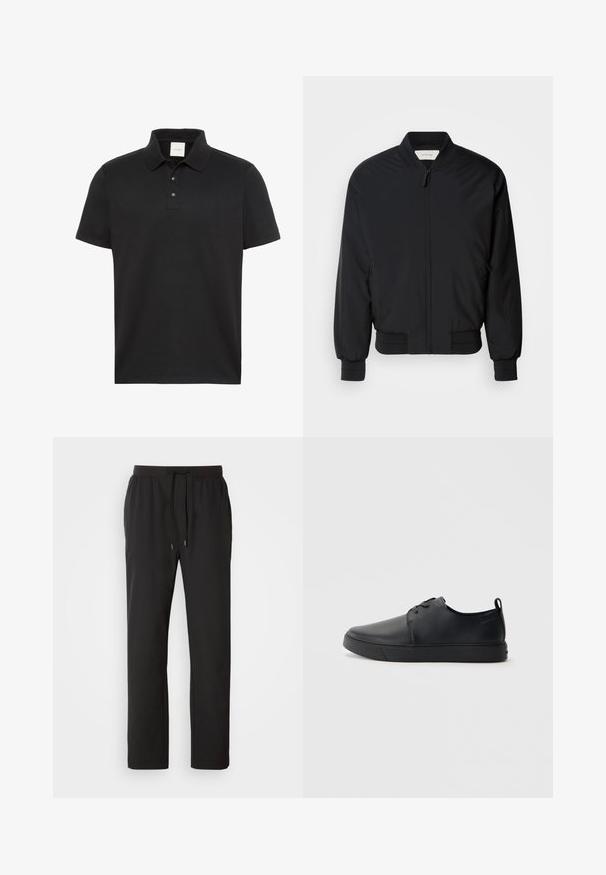 Veste bomber noire en tissu lisse, avec une fermeture éclair à l'avant, des poignets côtelés et un col classique. Design minimaliste sans motifs.; Polo noir à manches courtes avec col et trois boutons, arborant un discret logo Calvin Klein sur la poitrine.; Pantalons de jogging noirs en tissu léger, dotés d'une taille élastique avec cordons de serrage réglables et poches latérales. Texture lisse.; Baskets en cuir noir avec une finition lisse, bout arrondi, coutures ton sur ton, devant à lacets et semelle plate en caoutchouc. Anse au talon.